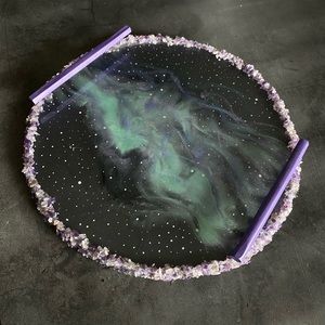 Handmade Galaxy Serving Tray with Crushed Amethyst Border
